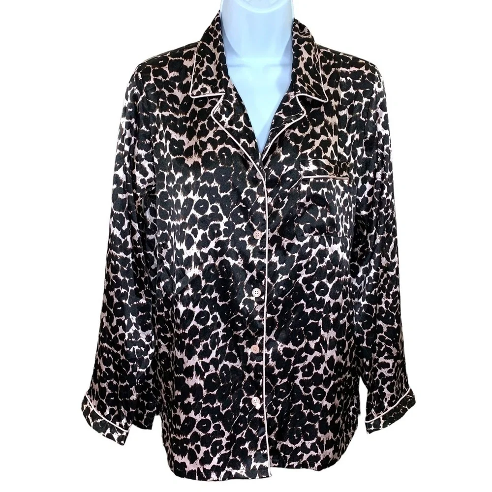 Small Victoria’s Secret PINK Pink Black Leopard Print Satin Pajama Top